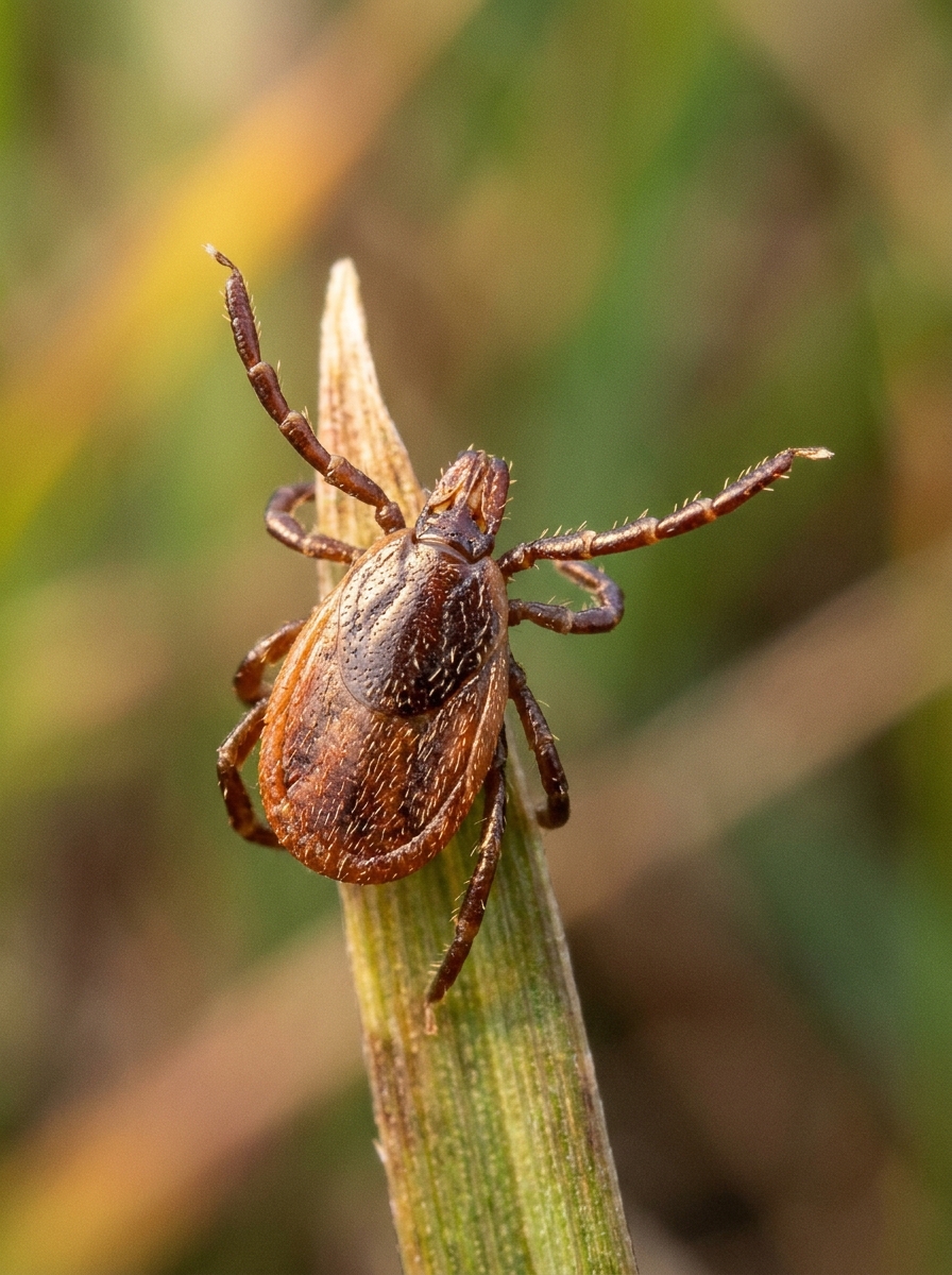 Skovflåt — Ixodes ricinus, på et græsstrå med forbenene strakt ud