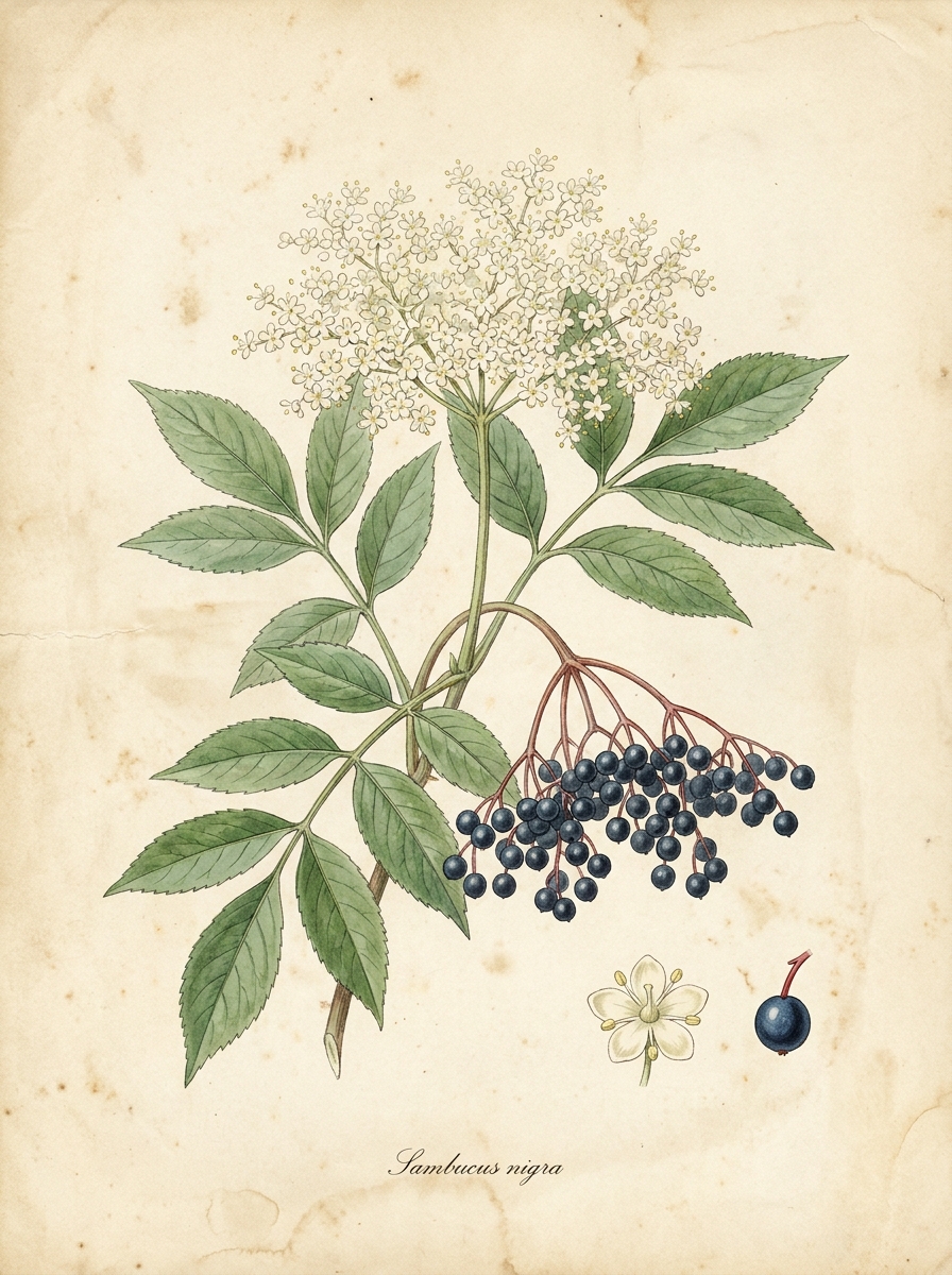 Hyld — Sambucus nigra, botanisk plade