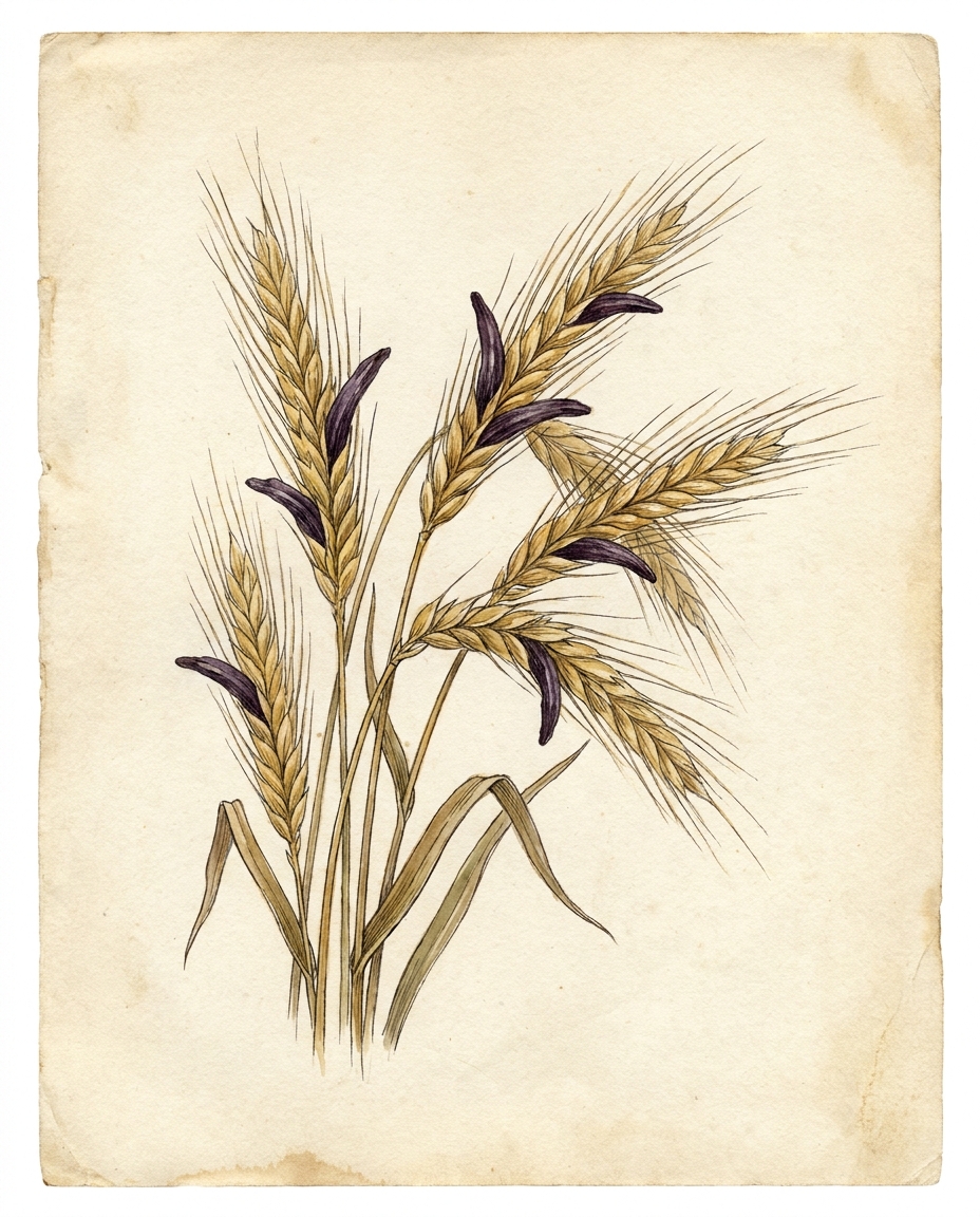 Meldrøjer — Claviceps purpurea, det mørke horn på rugakset, botanisk plade