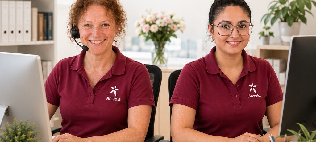 Tanja Hägerich og Jenny Ferreira de Oliveira ved receptionen på Arcadia Praksisklinik.