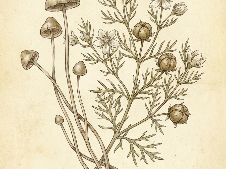 Psilohuasca — psilocybe og Peganum harmala, botanisk plade
