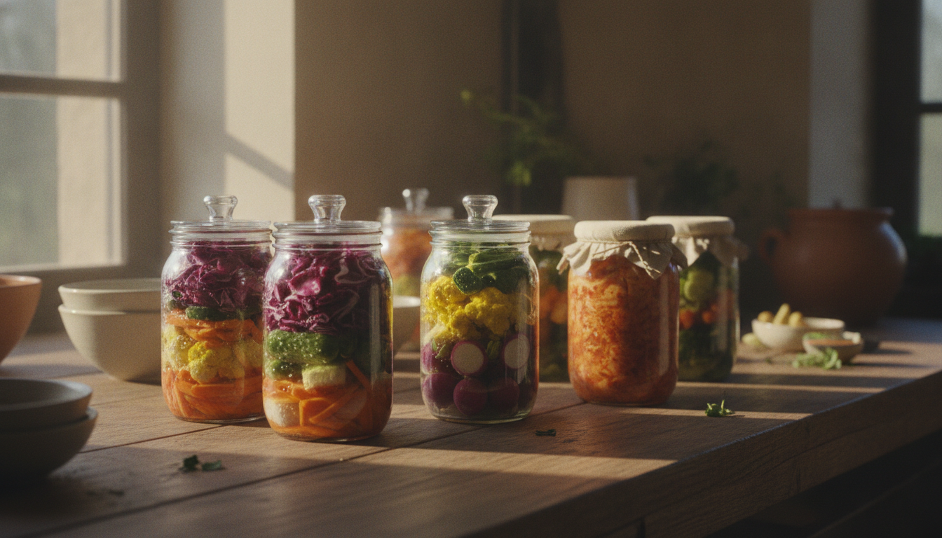 Fermenteringsglas med grøntsager på et køkkenbord