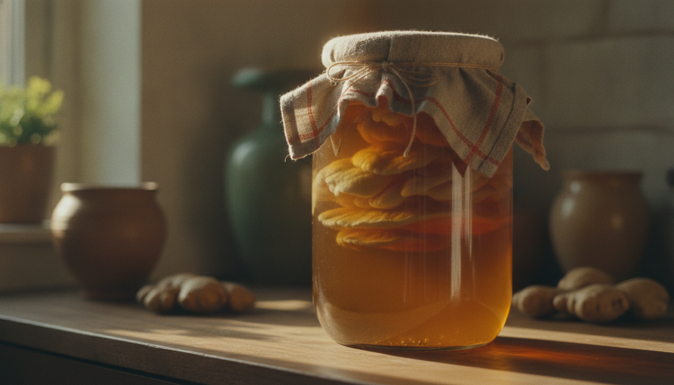 Glaskrukke med kombucha og en lys pellikel på overfladen, på et køkkenbord