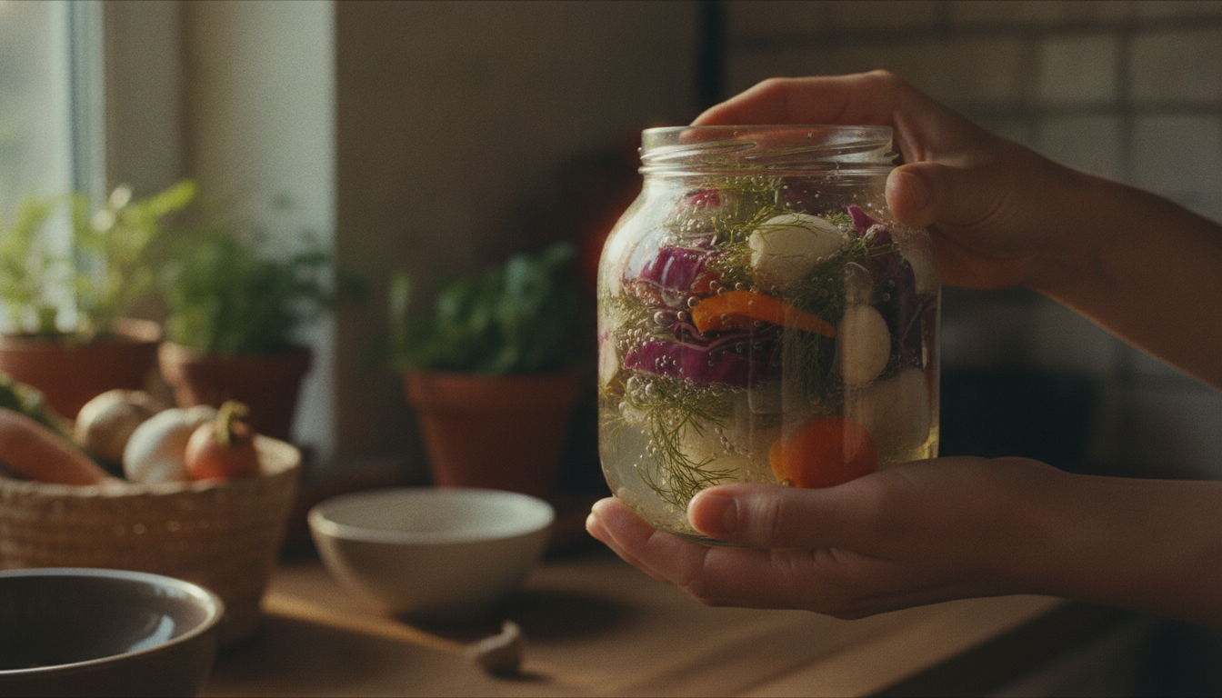 Hænder om et glas med fermenterede grøntsager