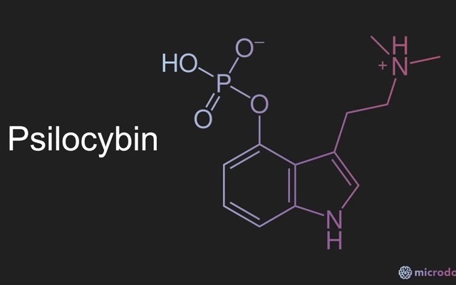 Psilocybins molekylestruktur i lyserødt på sort