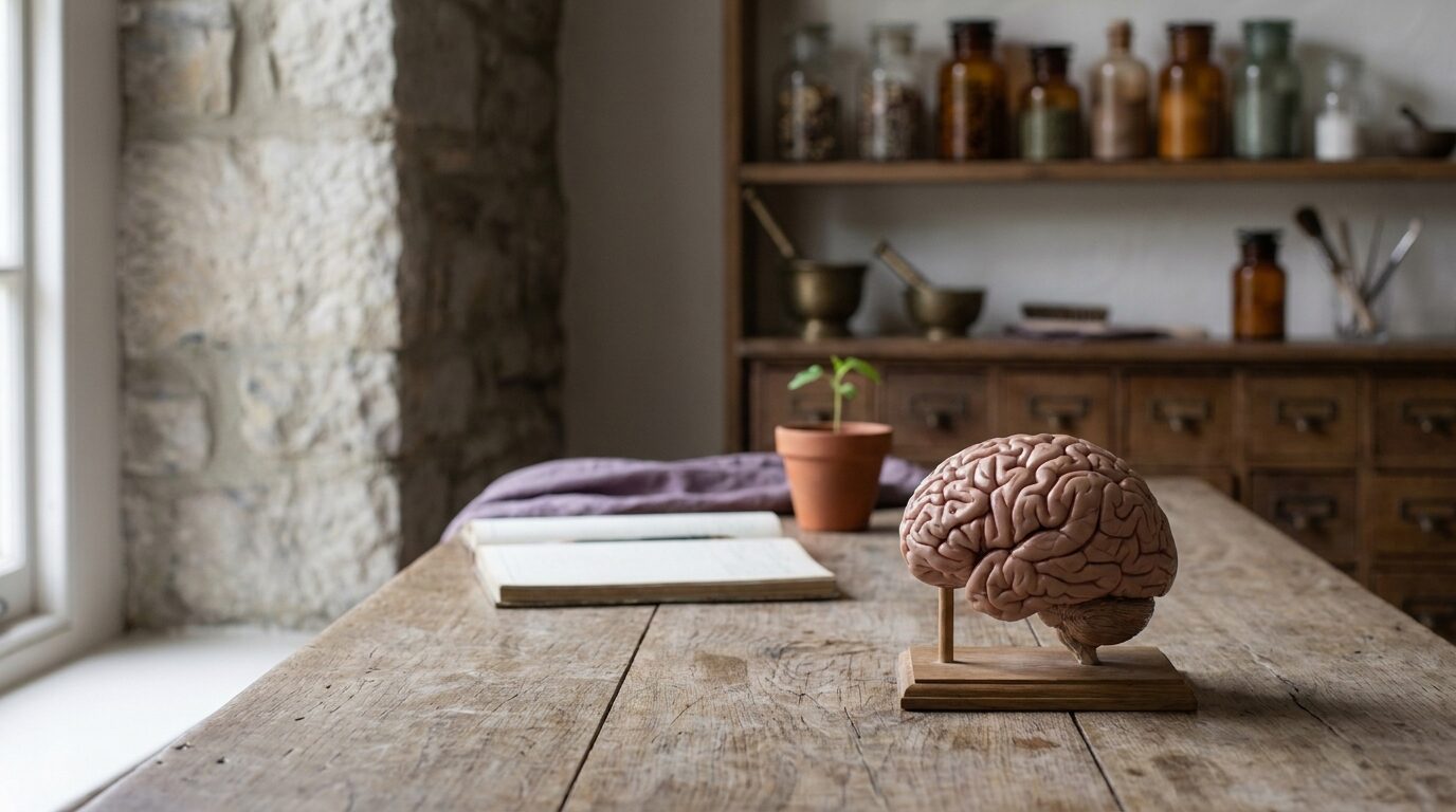 Alkymistens værksted — en anatomisk hjernemodel forrest på arbejdsbænken, en opslået notesbog og en spire i lerpotte bagved