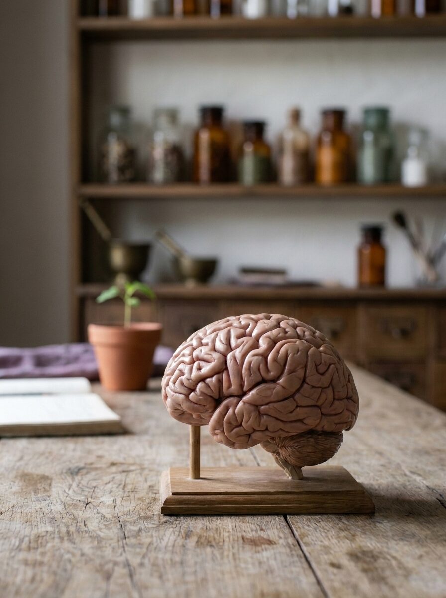 Alkymistens værksted — en anatomisk hjernemodel forrest på arbejdsbænken, en opslået notesbog og en spire i lerpotte bagved