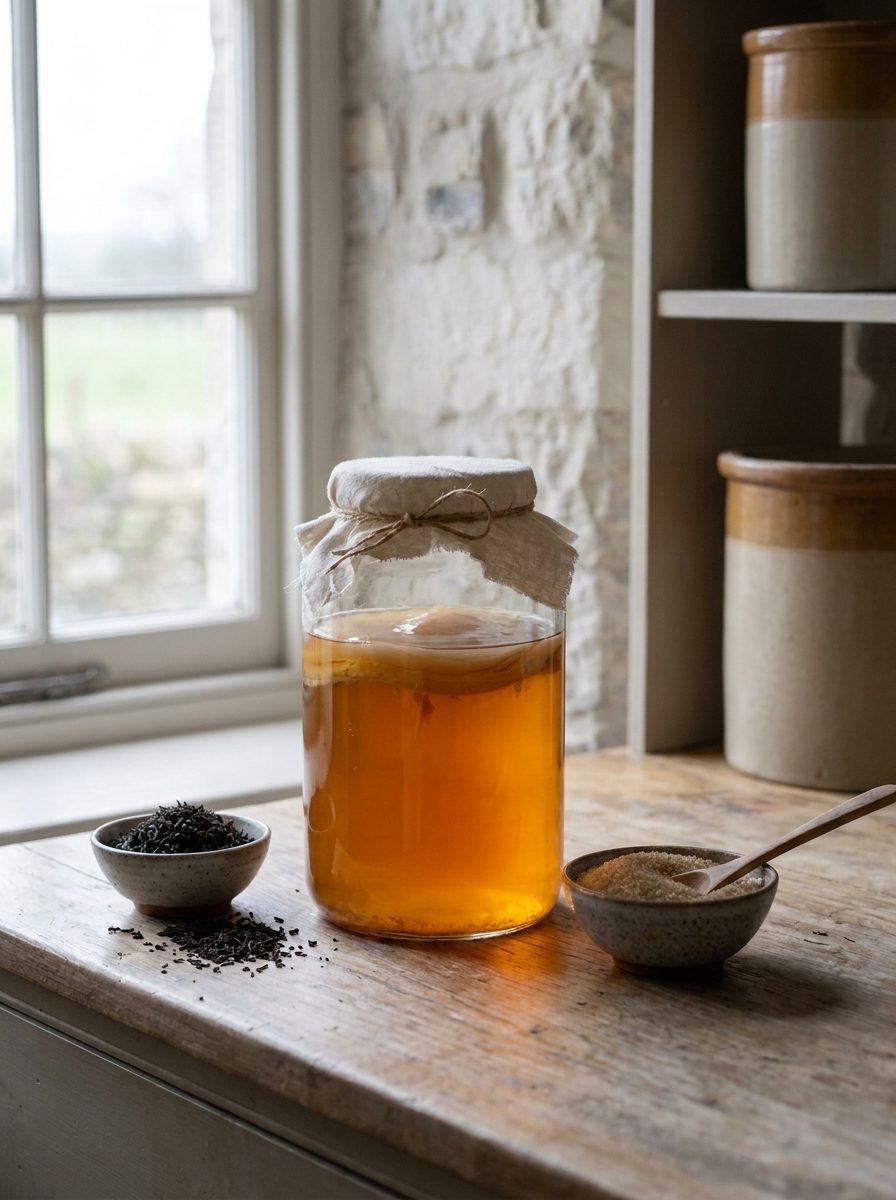 Køkkenet — et stort glas kombucha i modlys med skåle med sort te og råsukker ved siden af