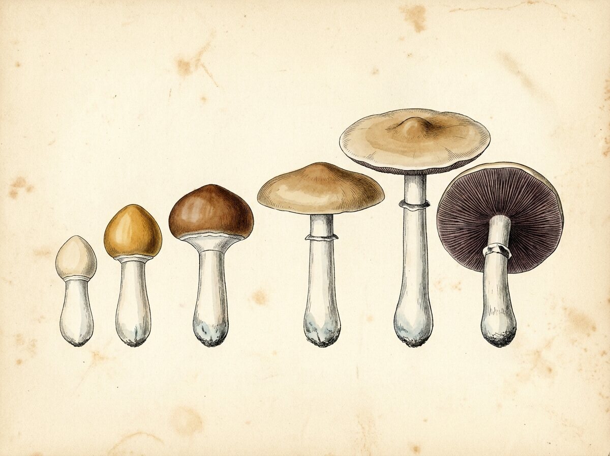 Seks Psilocybe cubensis på forskellige modningsstadier, fra lille lys knop til fuldt udfoldet hat med mørke lameller