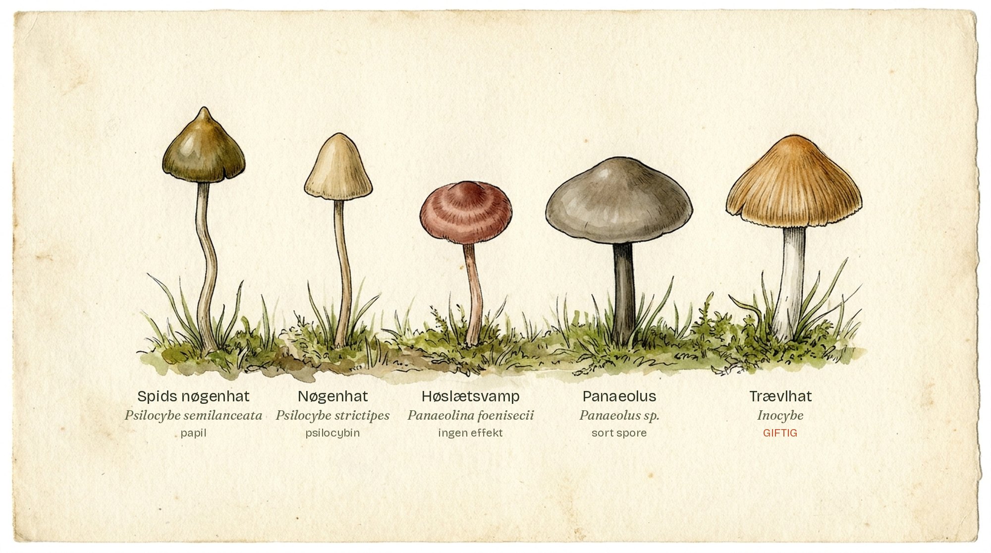 Botanisk plade med fem græssvampe side om side: spids nøgenhat, Psilocybe strictipes, høslætsvamp, en Panaeolus-art og trævlhat, hver med navn under