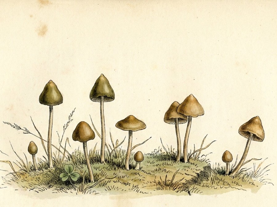 Psilocybe — spids nøgenhat, botanisk plade