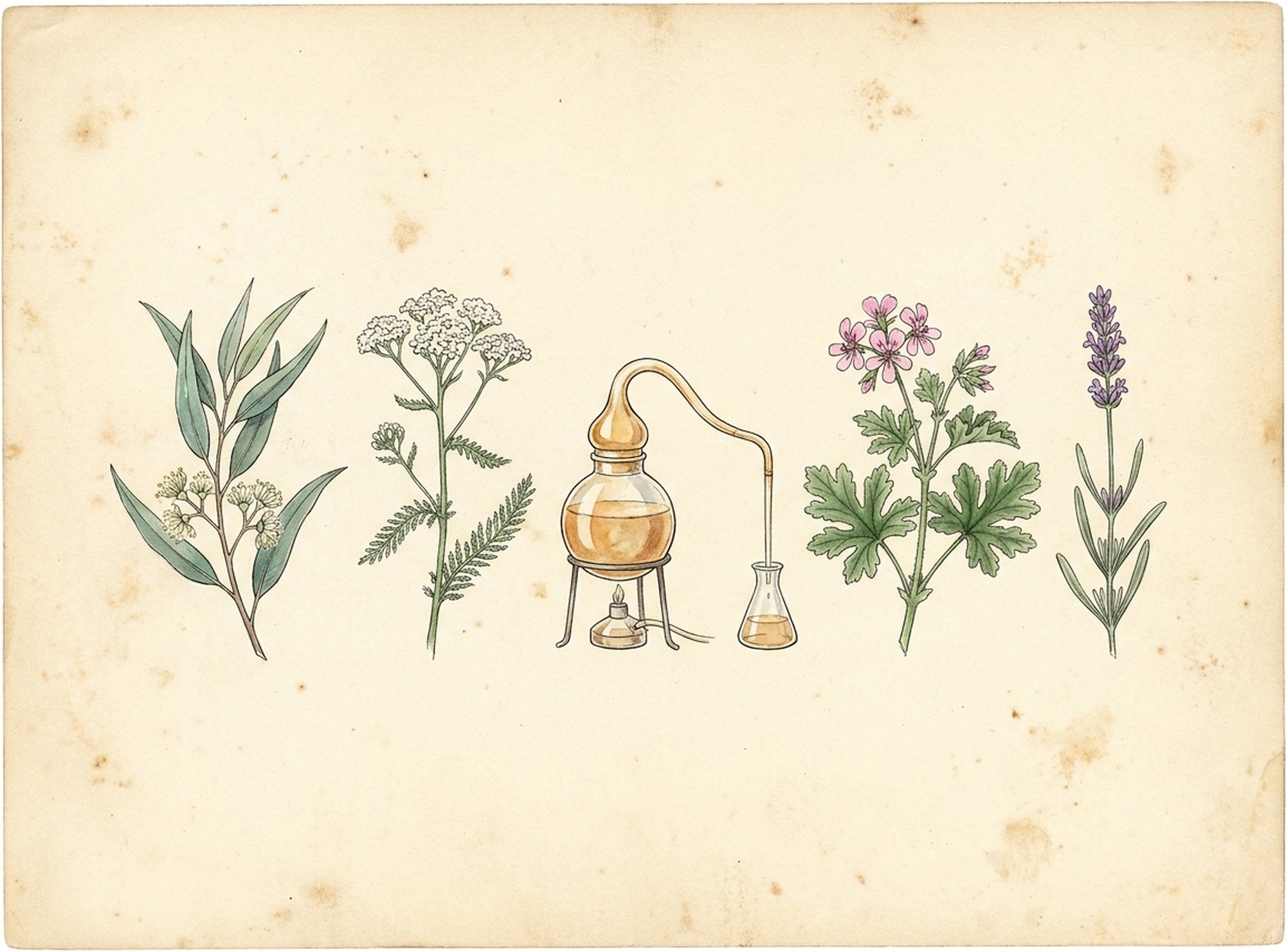 Botanisk plade: citroneukalyptus, røllike, rosen-geranium og lavendel med en alkymistisk alambik imellem