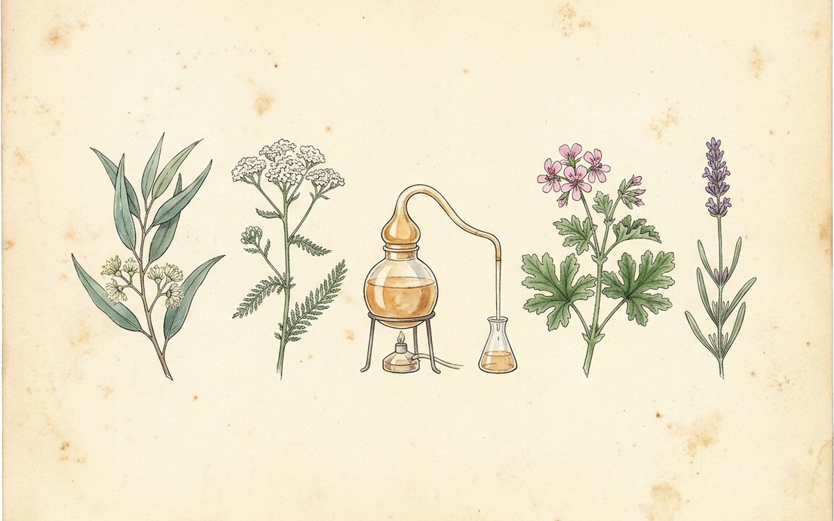 Skovbalsam — citroneukalyptus, røllike, rosen-geranium og lavendel med en alambik, botanisk plade